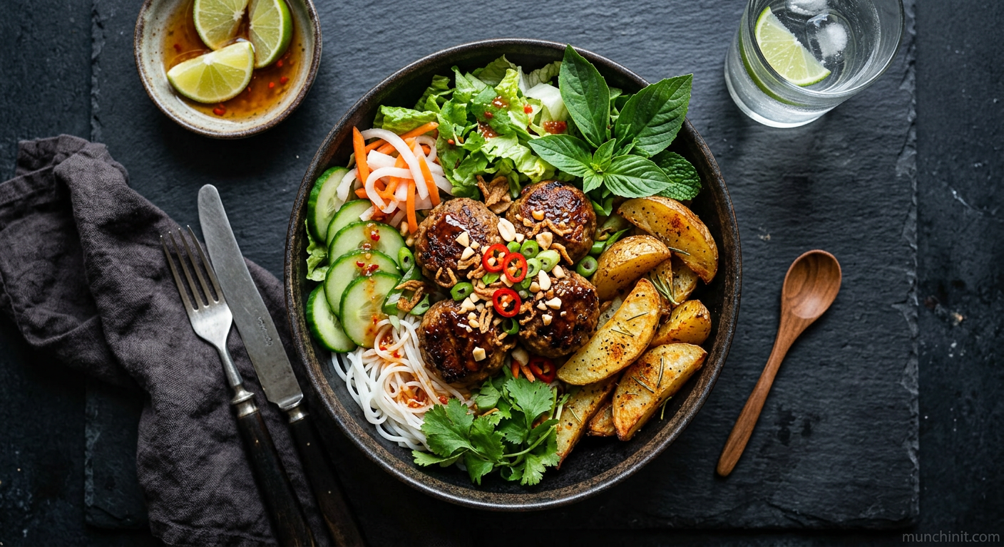 Vietnamese Plant-Based 'Beef' Meatballs & Crispy Potato Wedges Brunch Bowl