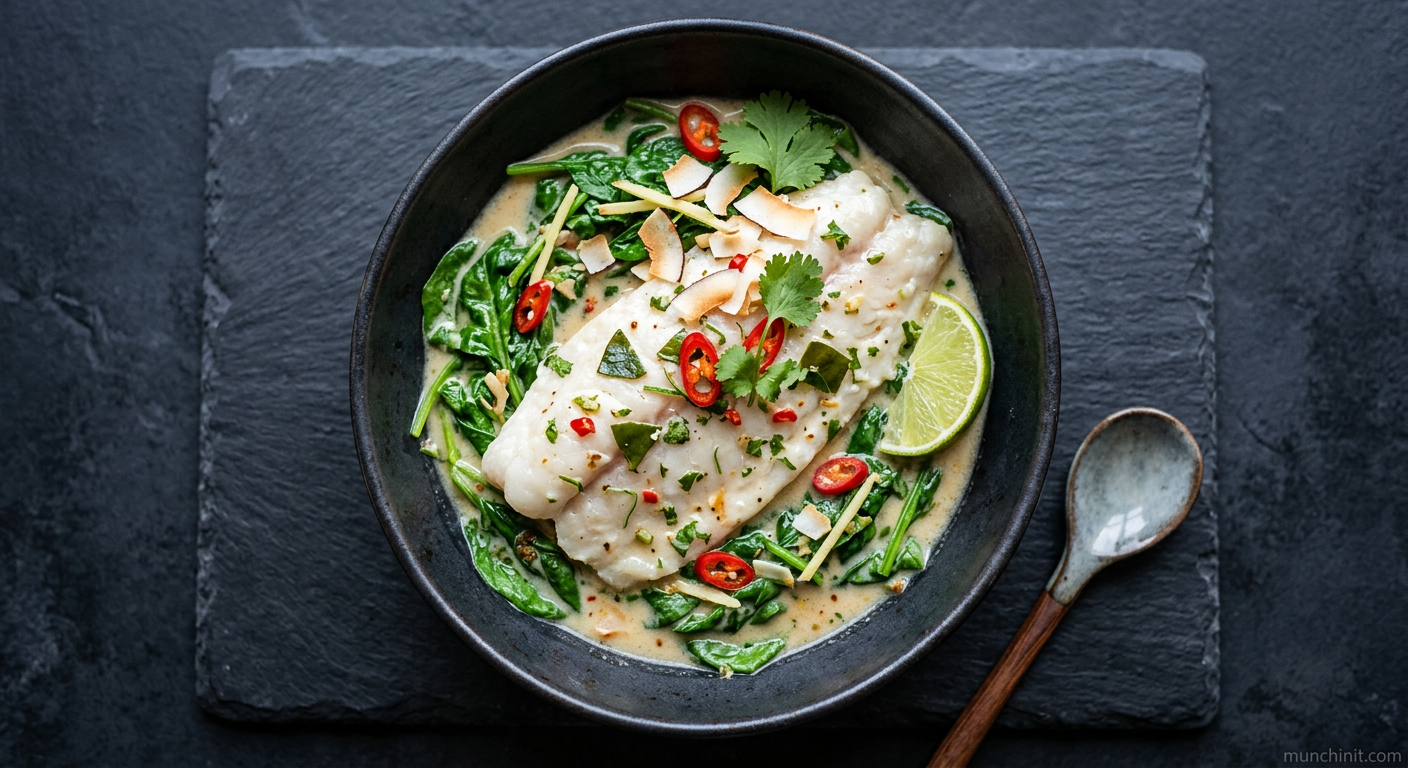 Simple Thai Coconut Poached Basa with Wilted Spinach