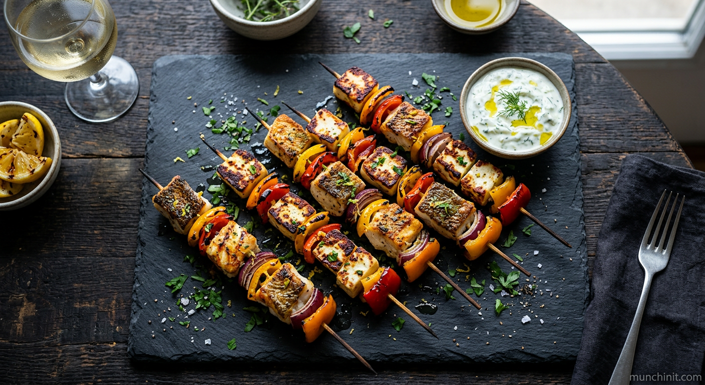 Grilled Crispy White Fish Skewers with Halloumi & Bell Peppers