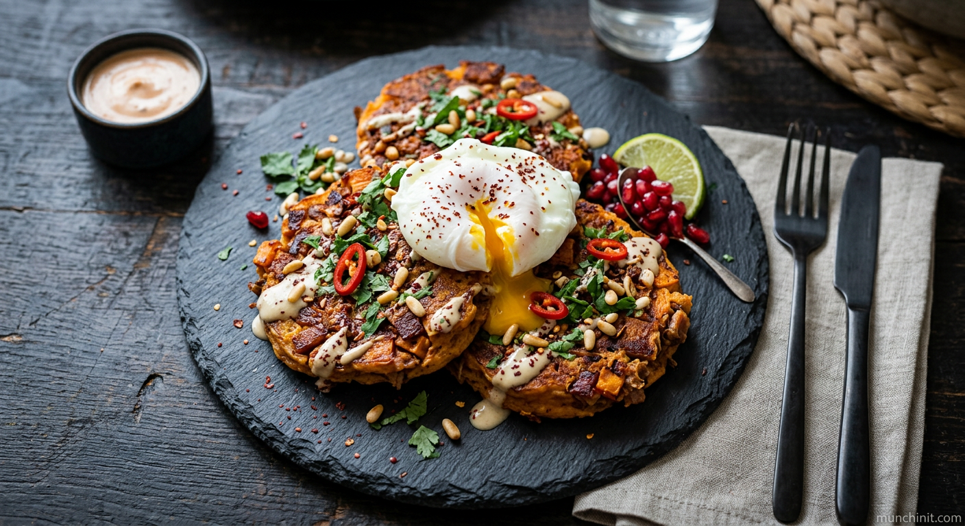 Middle Eastern Sweet Potato & Pork Hash Pancakes with Poached Egg