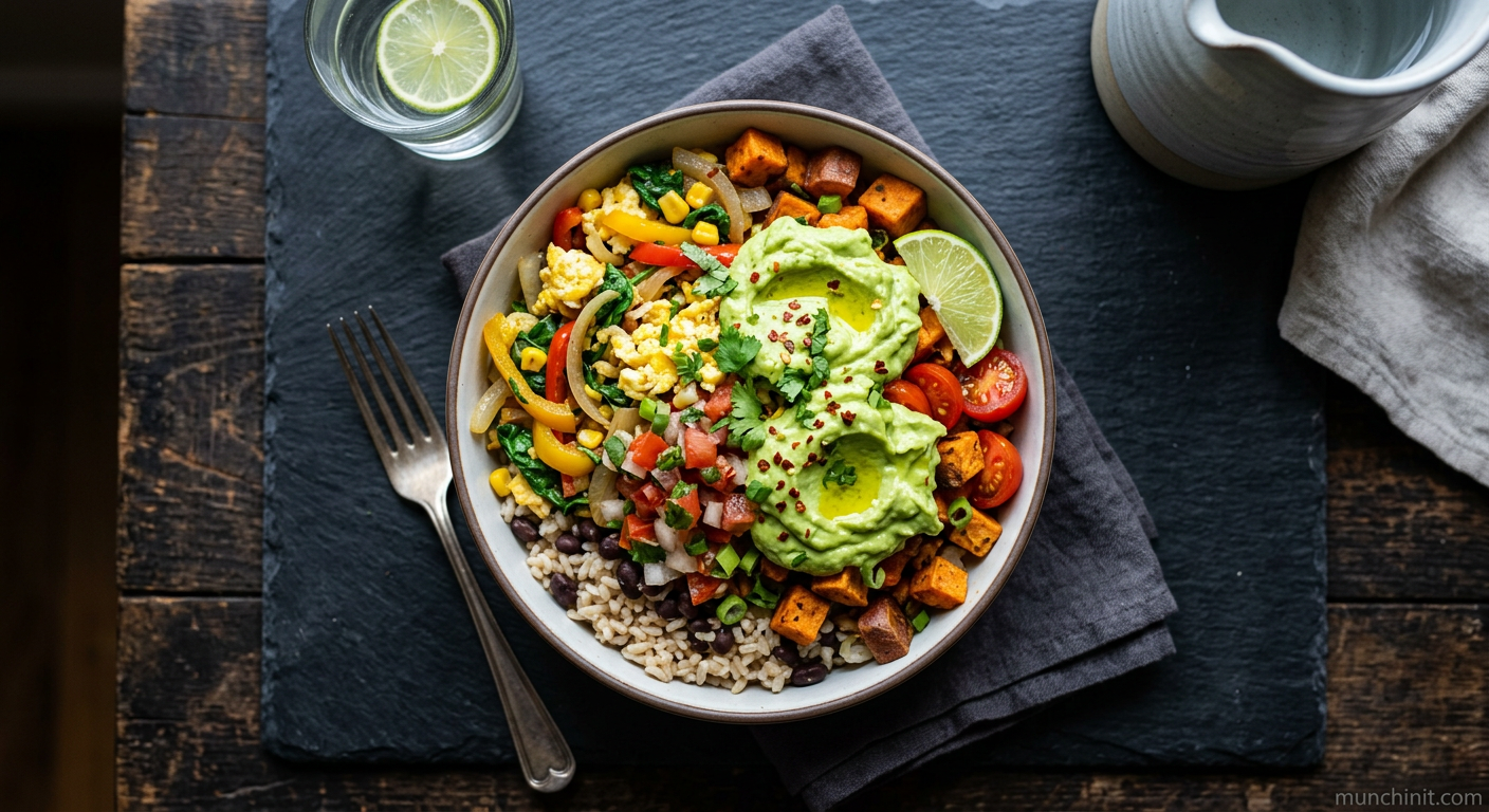 Nutritious Egg & Veggie Burrito Bowl with Avocado Cream