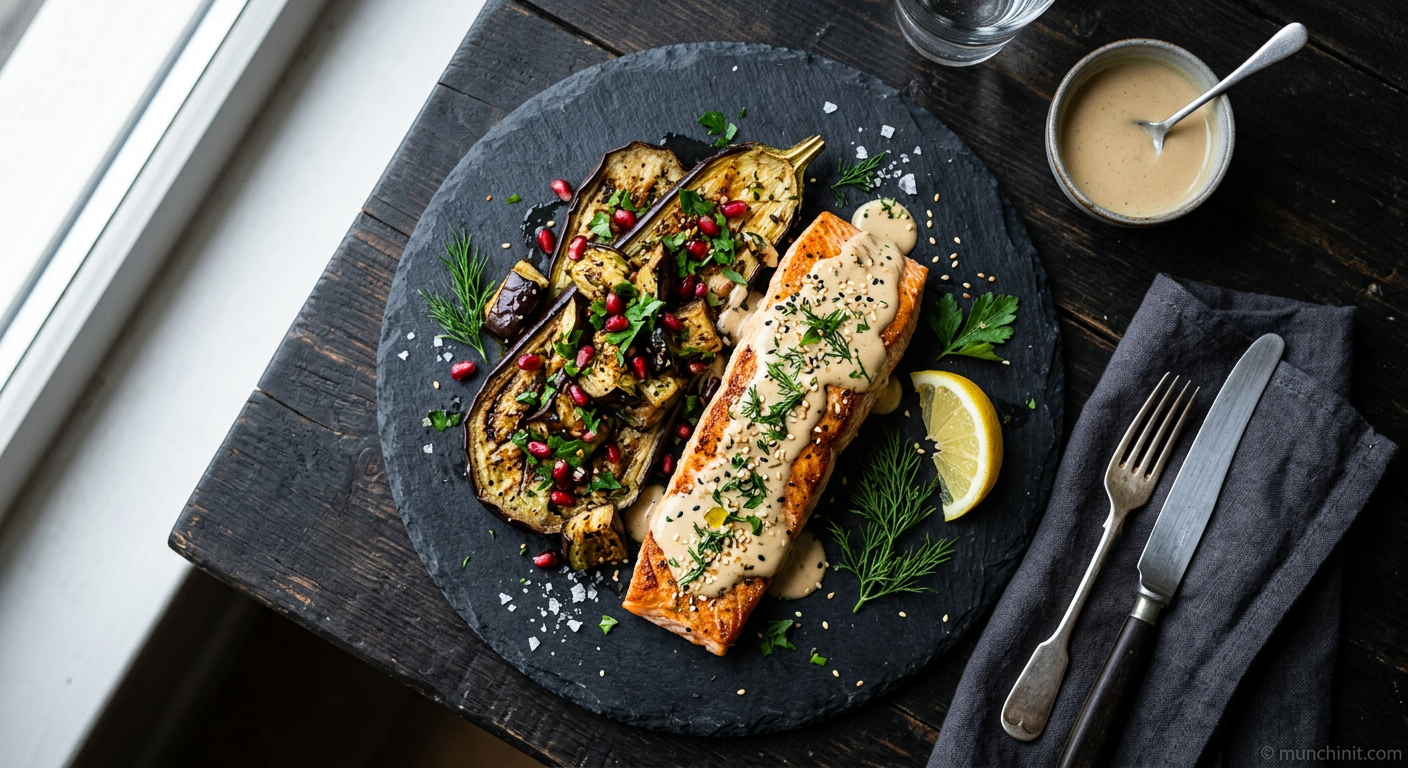 Creamy Tahini Salmon & Roasted Aubergine