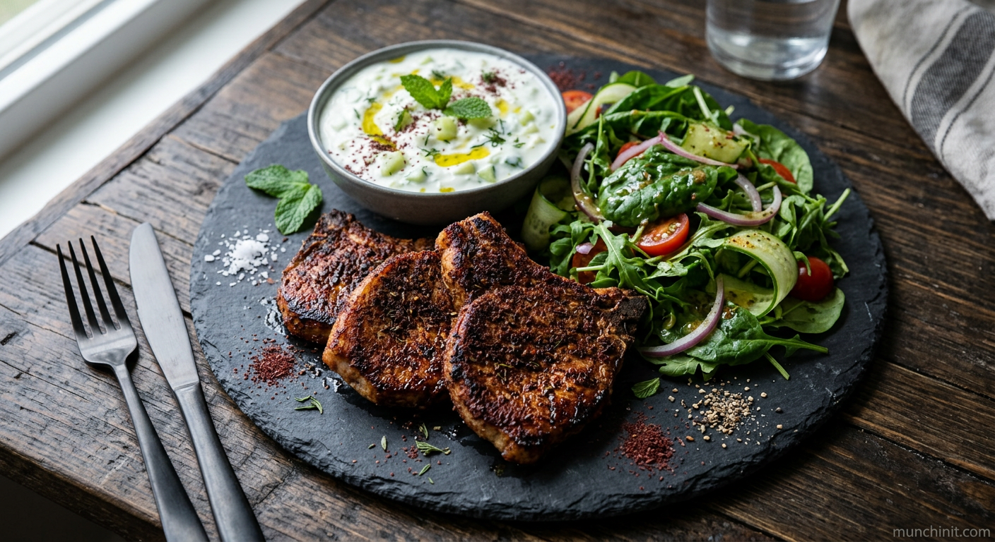 A Popular Dish: Keto Air-Fried Sumac Pork Chops with Creamy Cucumber Yogurt