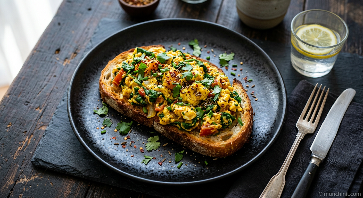 Masala Scrambled Eggs with Spinach on Sourdough
