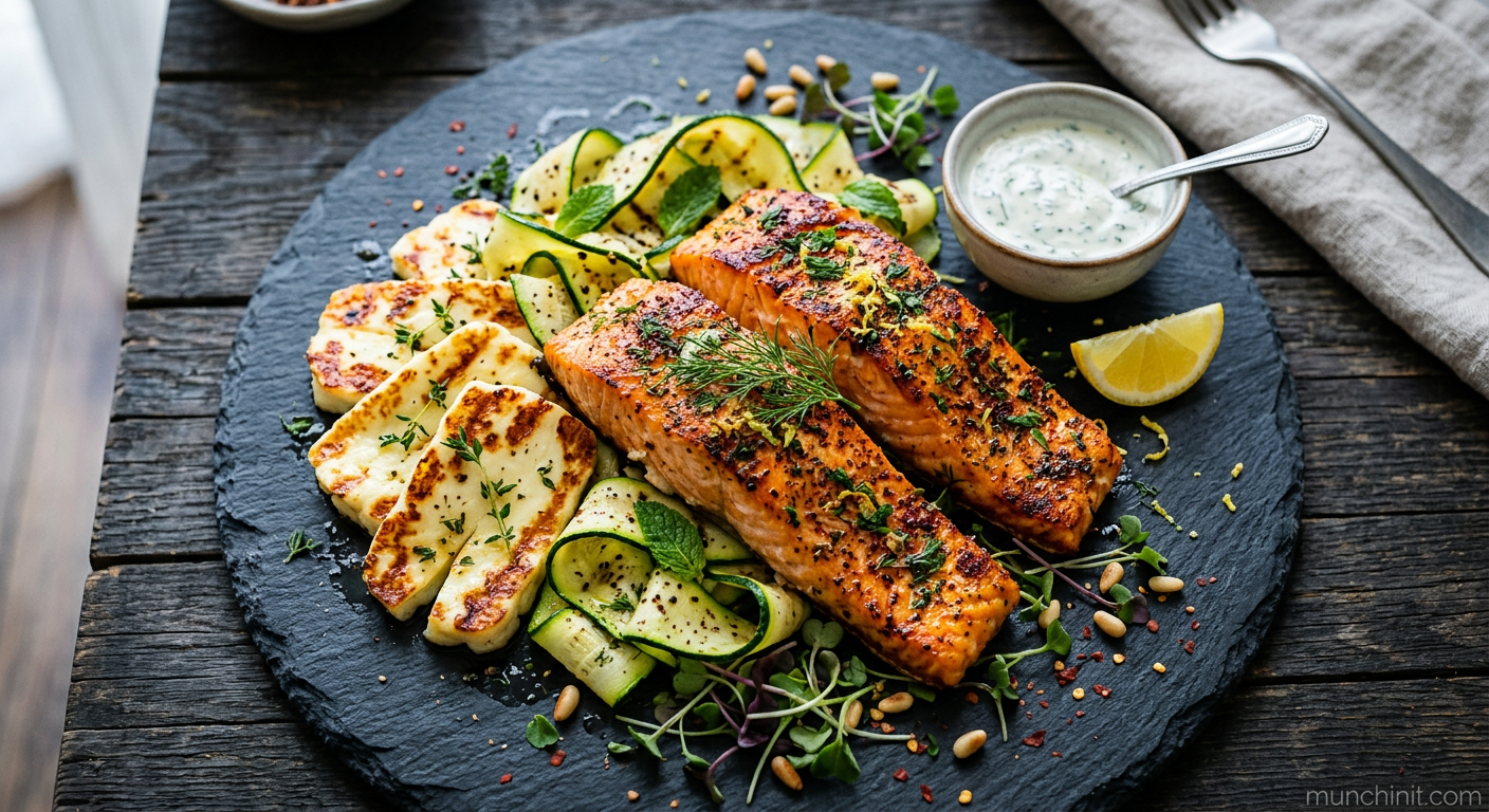 Air-Fried Sumac Salmon with Grilled Halloumi & Courgette Ribbons