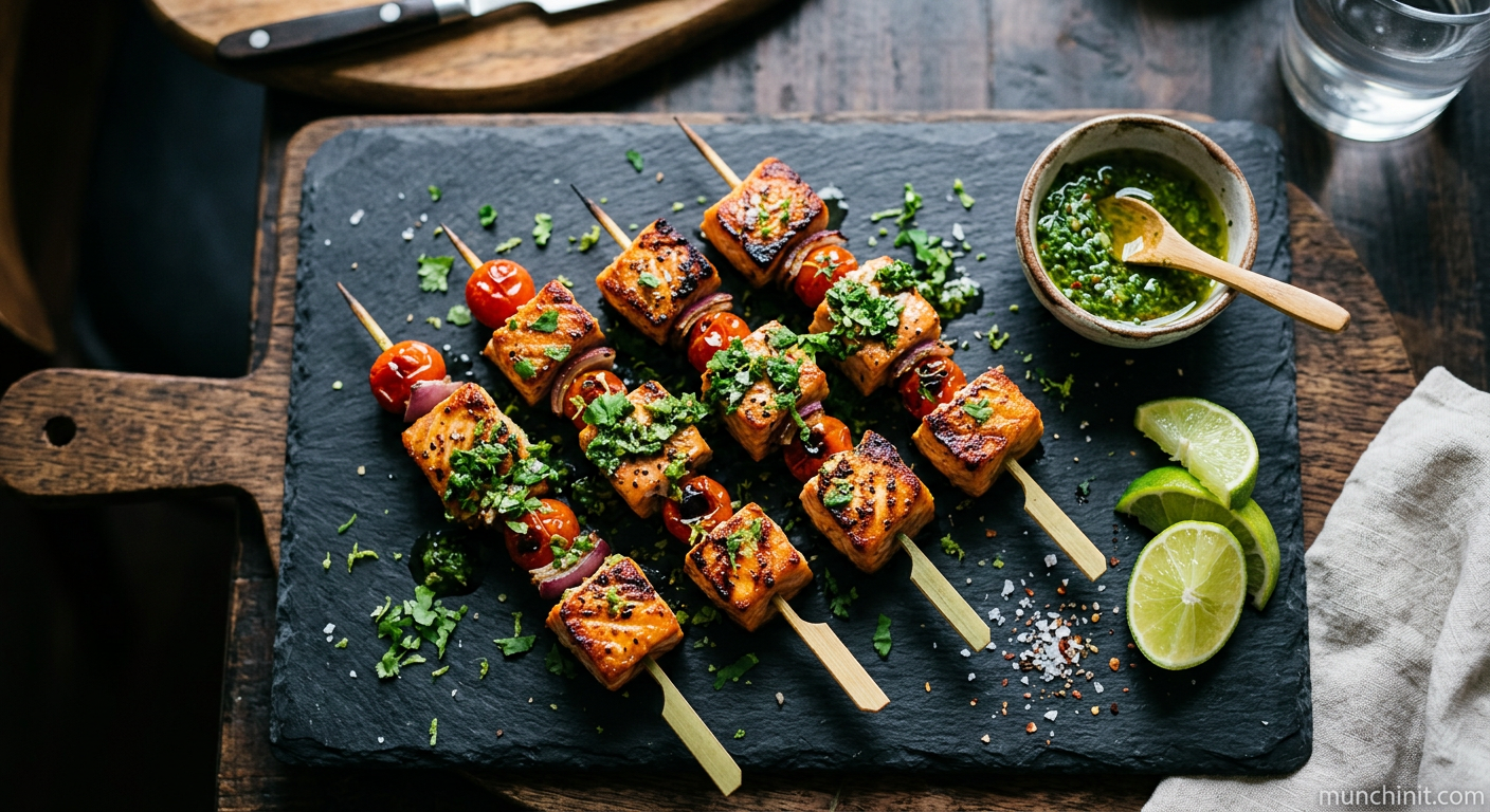 Crispy Salmon Skewers with Mojo Verde Marinade
