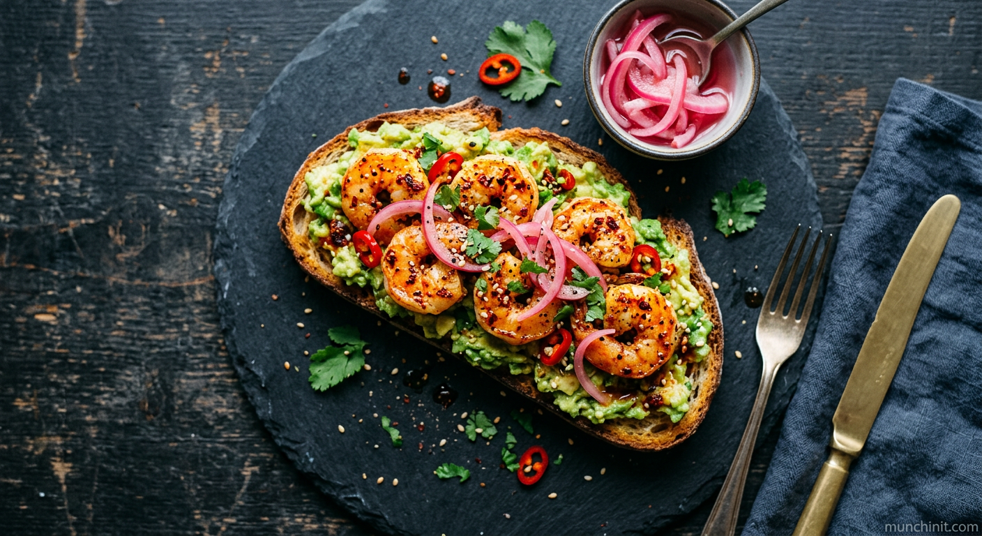 Spicy Chili Prawn Avocado Toast with Quick Pickled Onions