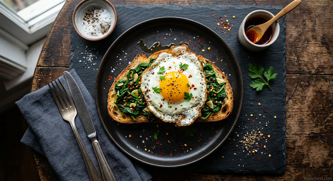 Garlic & Chilli Spinach Toast with Fried Egg