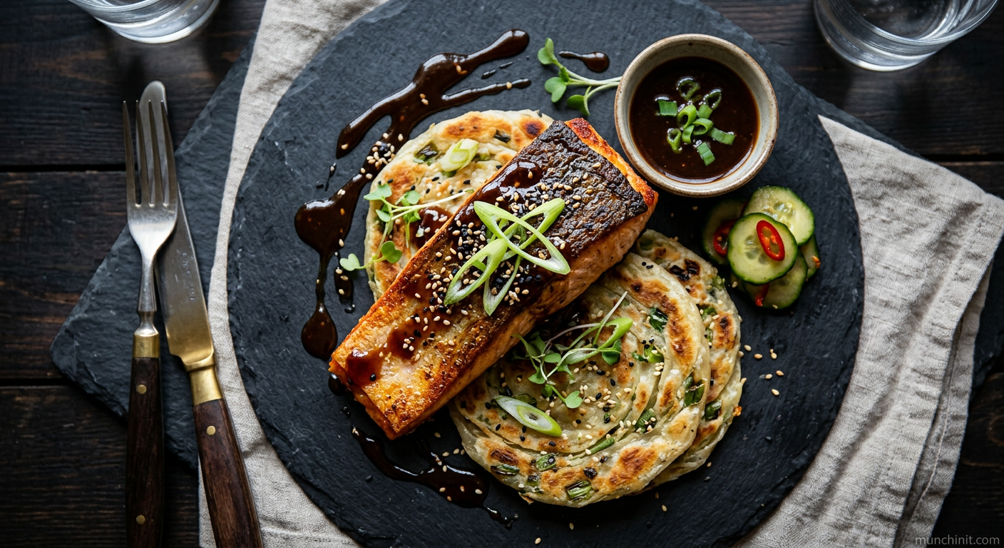 Crispy Pan-Seared Salmon & Green Onion Pancakes with Hoisin Drizzle