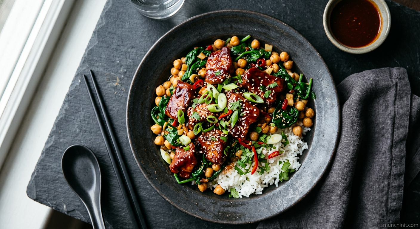 Sweet & Spicy Gochujang Pork with Spinach and Chickpeas