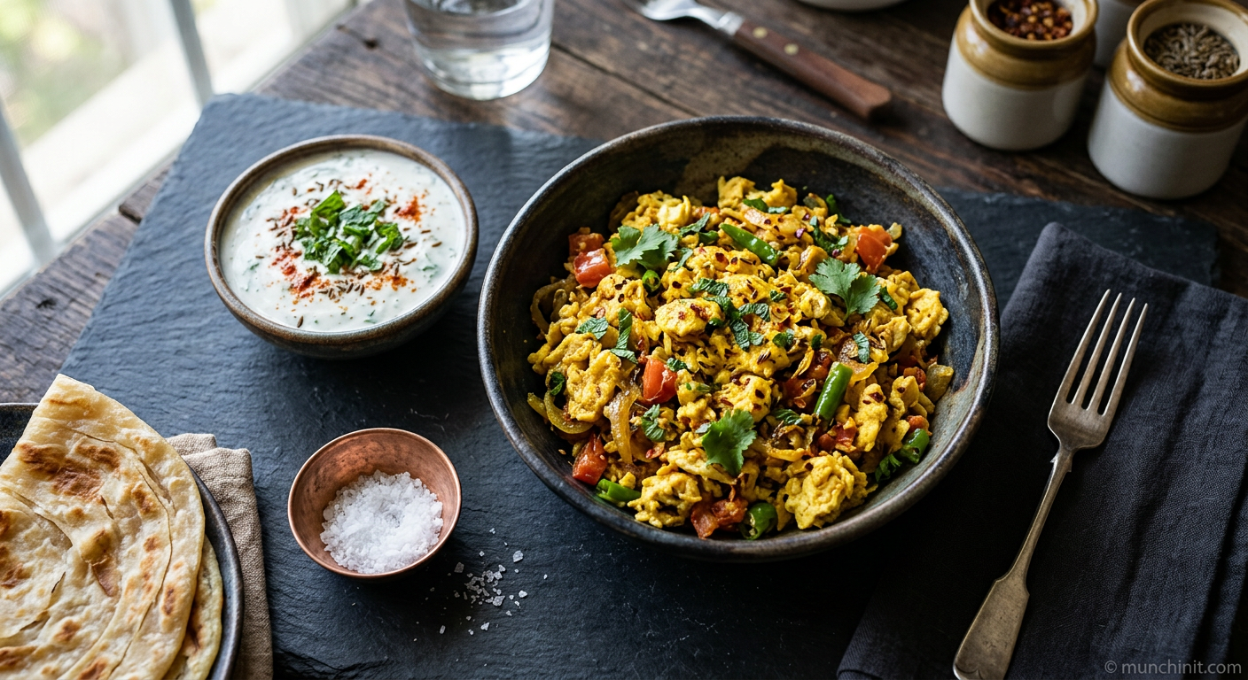 Speedy Curried Egg Scramble with Mint Raita