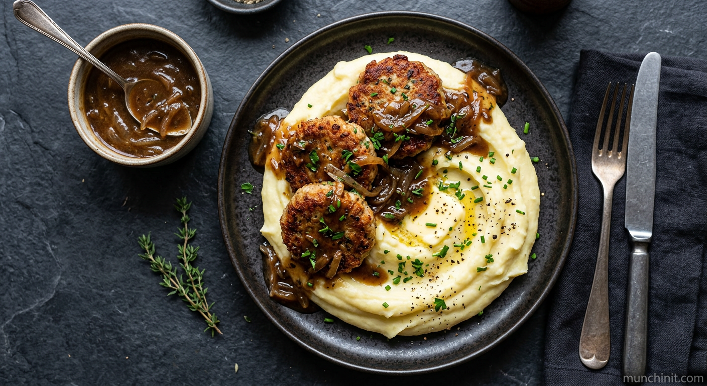 Crispy Gluten-Free Pork Sausage Patties with Creamy Mash & Onion Gravy