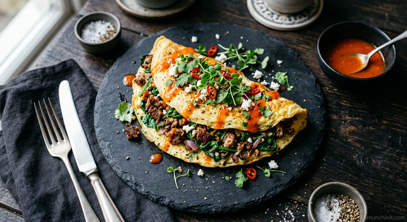 Crispy Lamb & Spinach Omelette with Scotch Bonnet Drizzle
