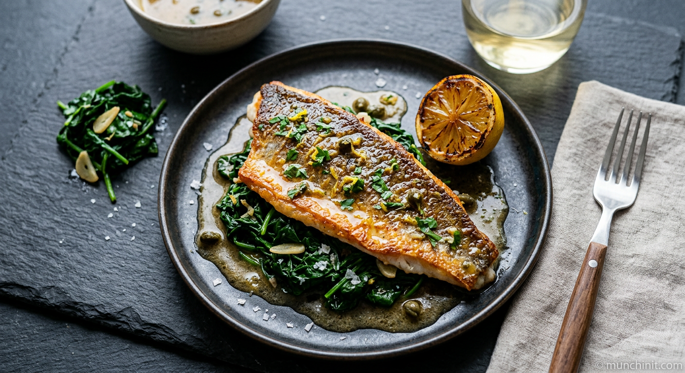 Sole Meunière Style Crispy Skin Sea Bass with Sautéed Spinach and Garlic