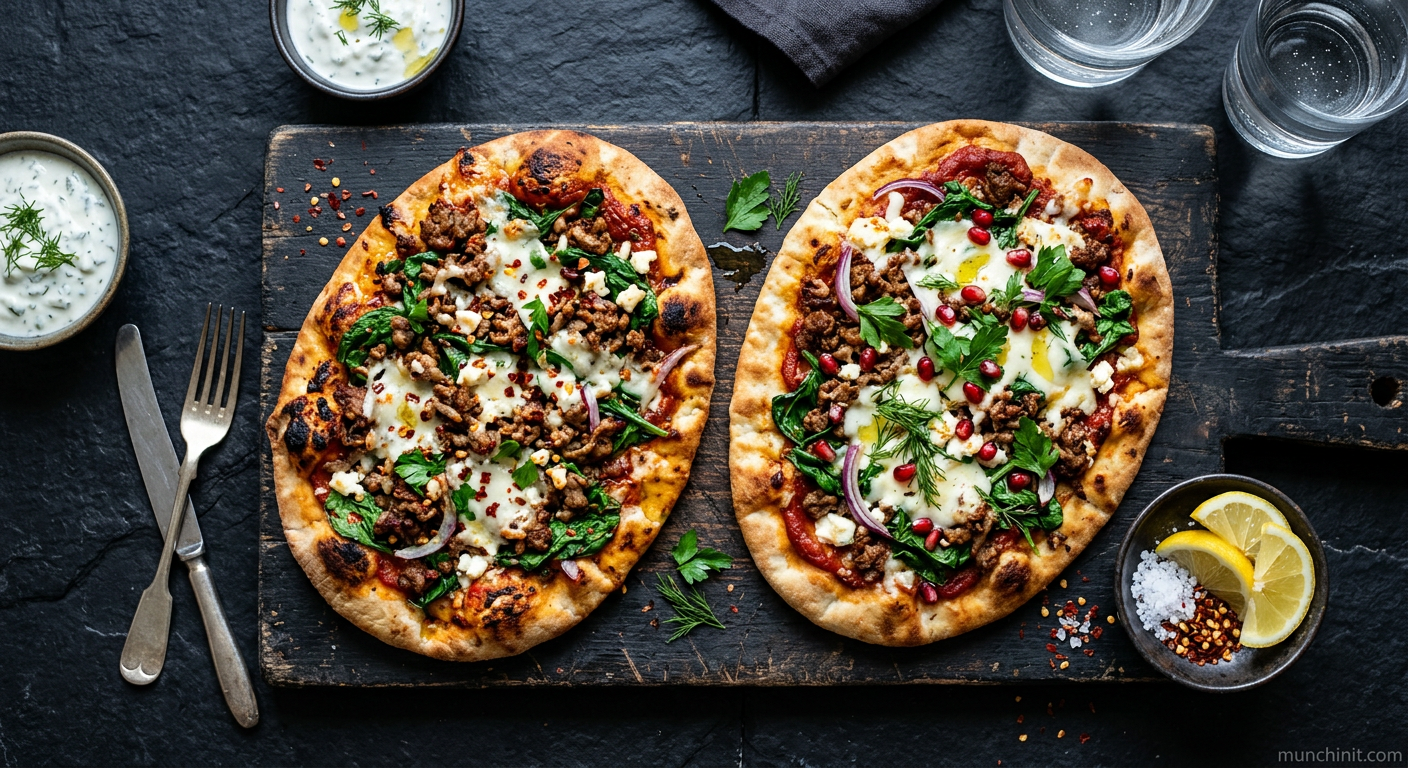 Crispy Lamb Mince & Spinach 'Pita' Pizzas