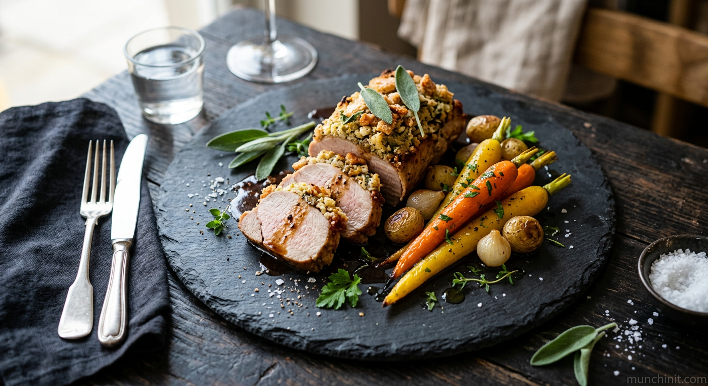 Crispy Pork Fillet with Sage & Onion Crumble and Roasted Carrots