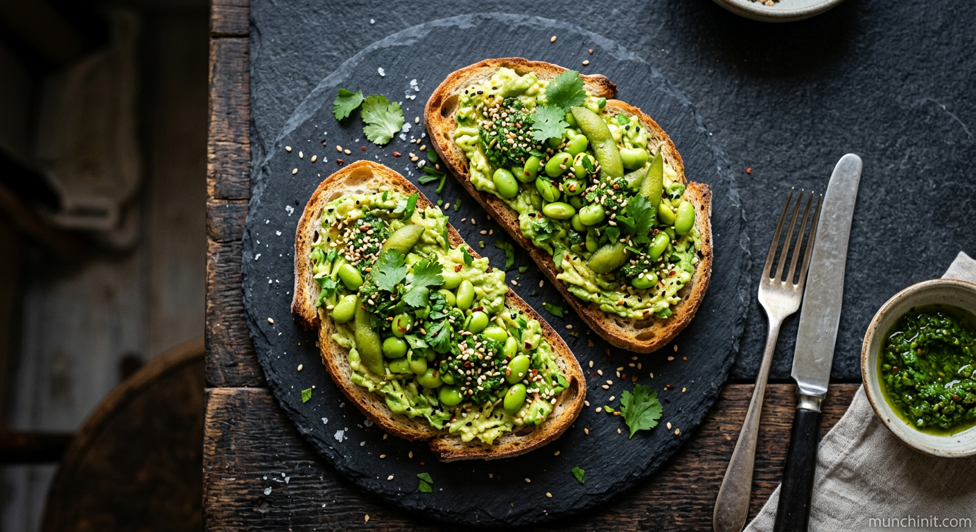 Moroccan Zhug-Spiced Edamame & Avocado Toast with Toasted Sesame Seeds