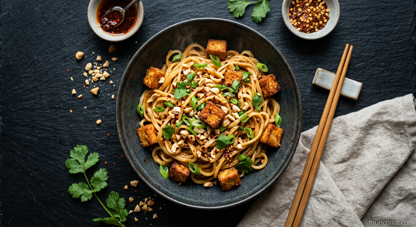 Spicy Peanut Noodles with Crispy Tofu & Green Onions