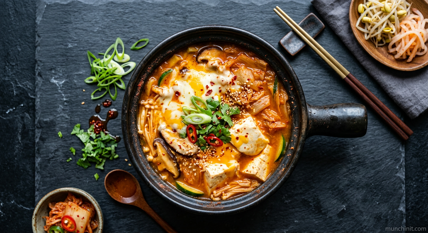 Vegetarian Cheesy Kimchi Jjigae with Silken Tofu