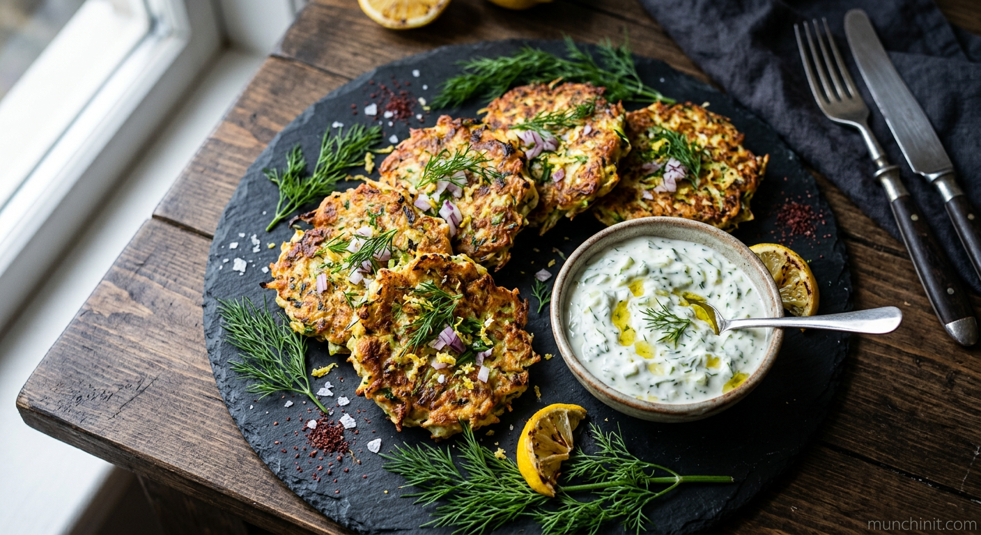 Crispy Turkey Zucchini & Dill Fritters with Vegan Tzatziki