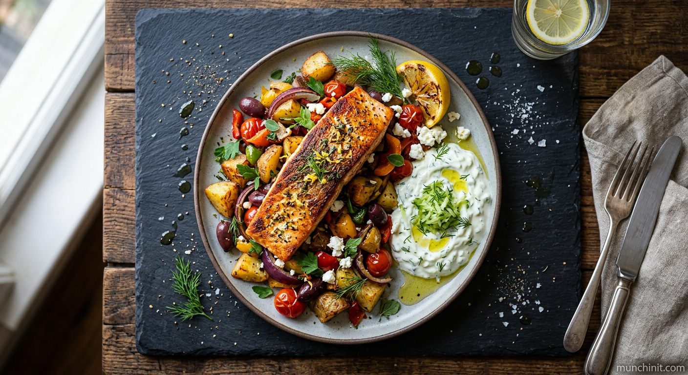 Crispy Greek Salmon & Potato Hash with Tzatziki