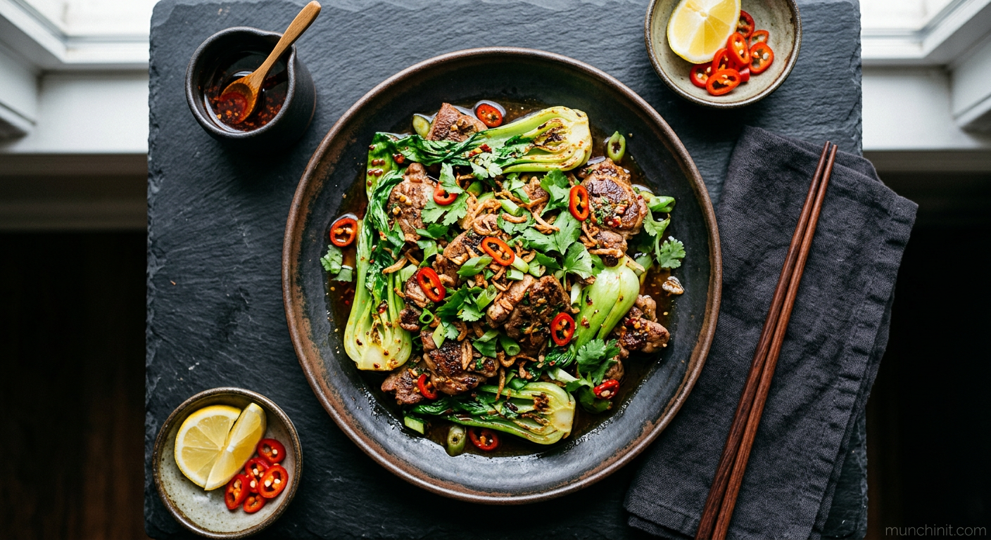 Vietnamese-Style Sautéed Lamb & Bok Choy with Garlic Chili Oil