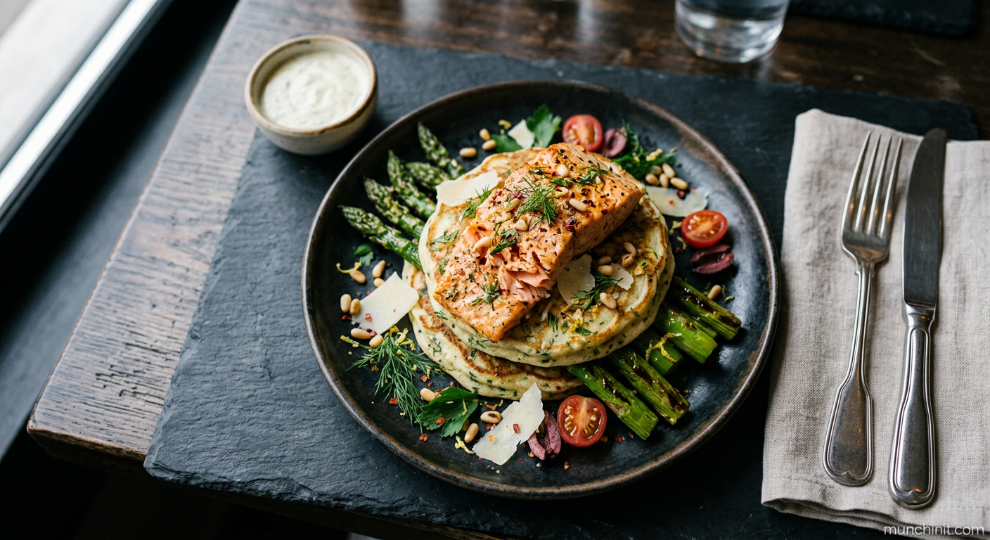 Mediterranean Salmon & Asparagus Parmesan Pancakes