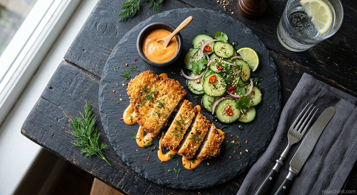Air-Fried Turkey Schnitzel with Kimchi Mayo & Cucumber Salad