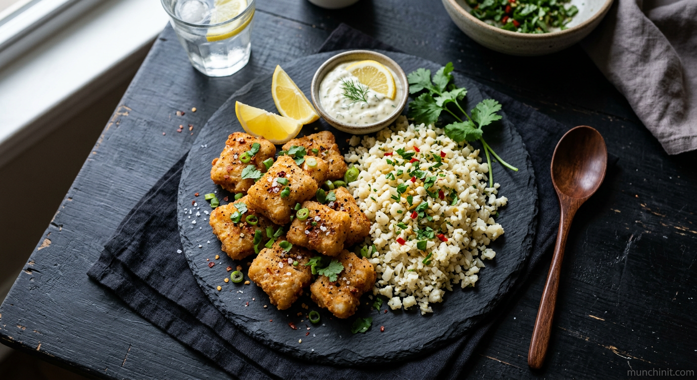 Keto Air-Fried Salt & Pepper White Fish Bites with Cauliflower Rice