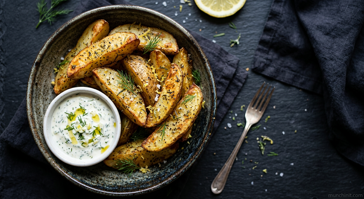 Crispy Lemon-Herb Potato Wedges with Creamy Garlic-Dill Dip