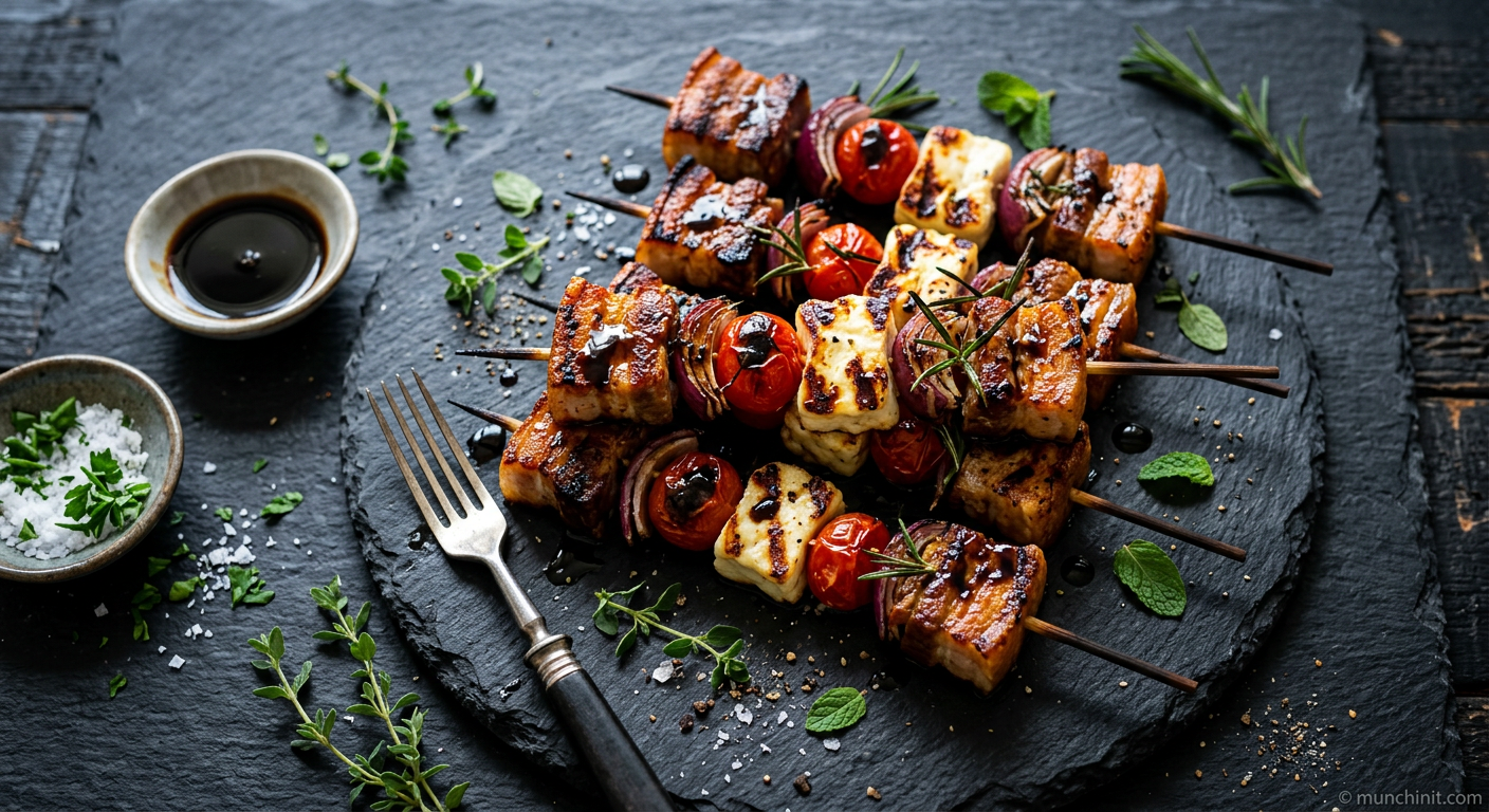 Crispy Pork & Halloumi Skewers with Balsamic Glaze