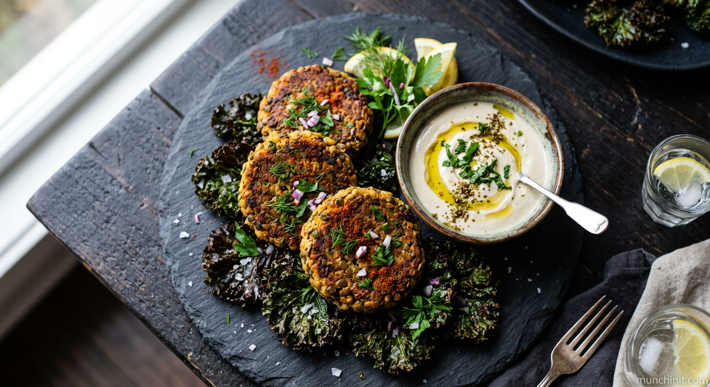 Greek Spiced Lentil Patties with Crispy Kale Chips and Mint-Tahini Dip