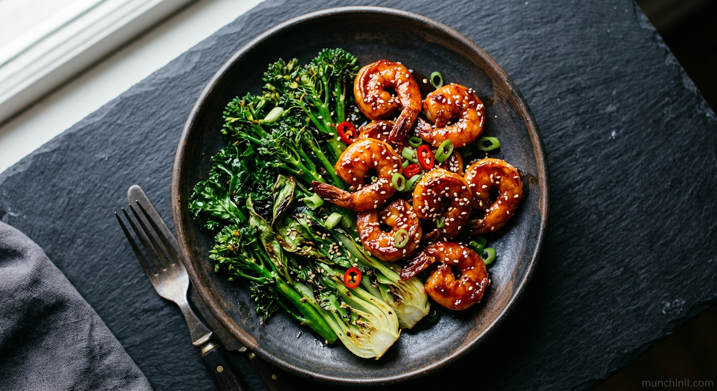 Simple Gochujang-Glazed Prawns with Crispy Greens