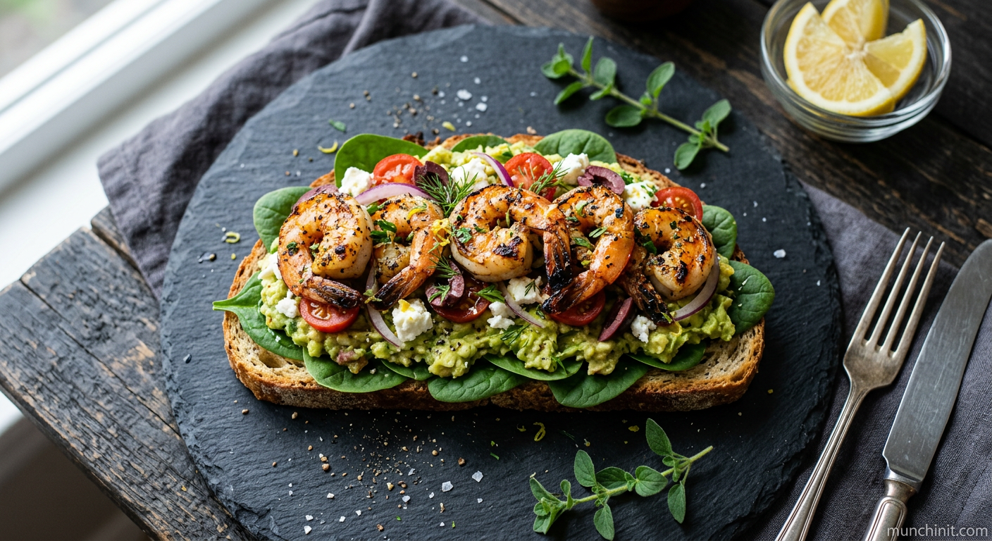 Greek-Style Garlic Prawn & Avocado Paleo Toast with Spinach
