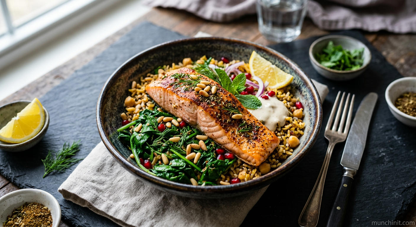 Middle Eastern Spiced Salmon & Spinach Microwave Bowl