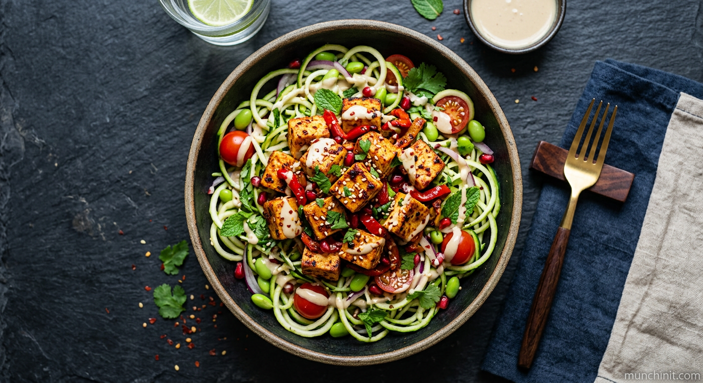 Simple Harissa Tofu with Courgette Noodles & Tahini Drizzle