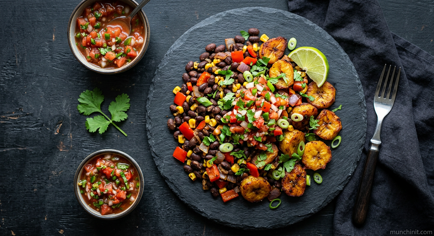 Vegan Air-Fried Plantain & Black Bean Fry-Up with Salsa Roja