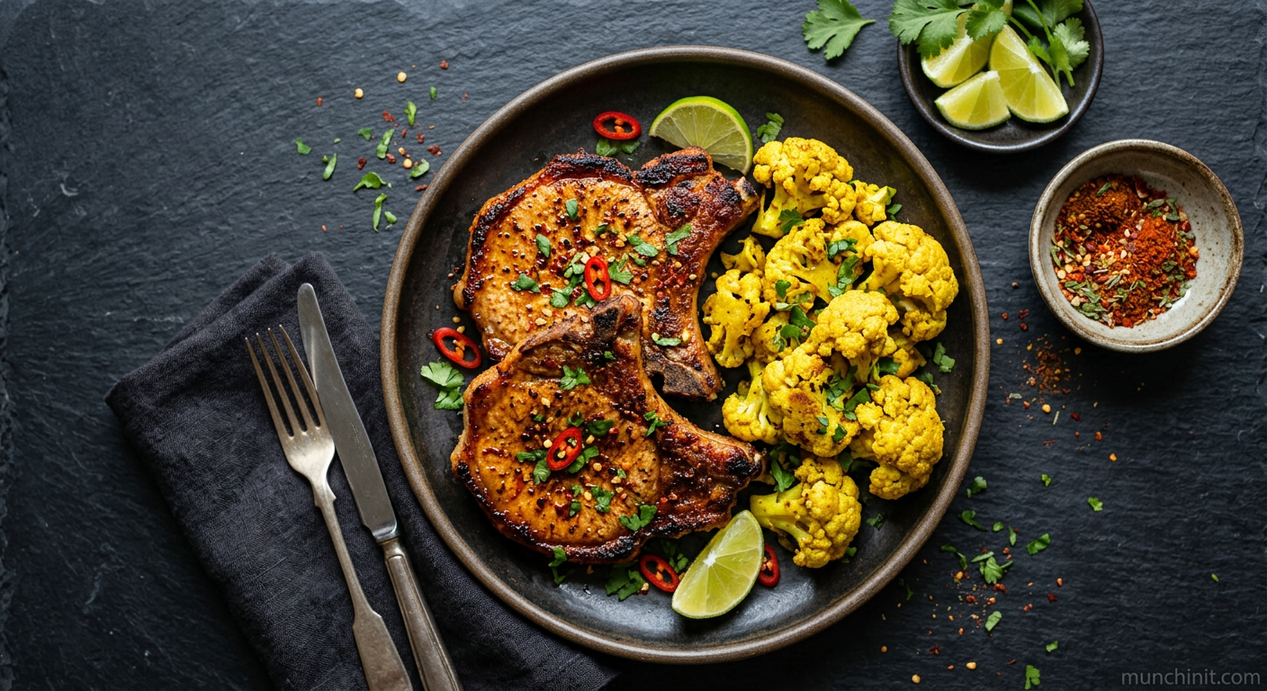 Air-Fried Spicy Pork Chops with Curried Cauliflower