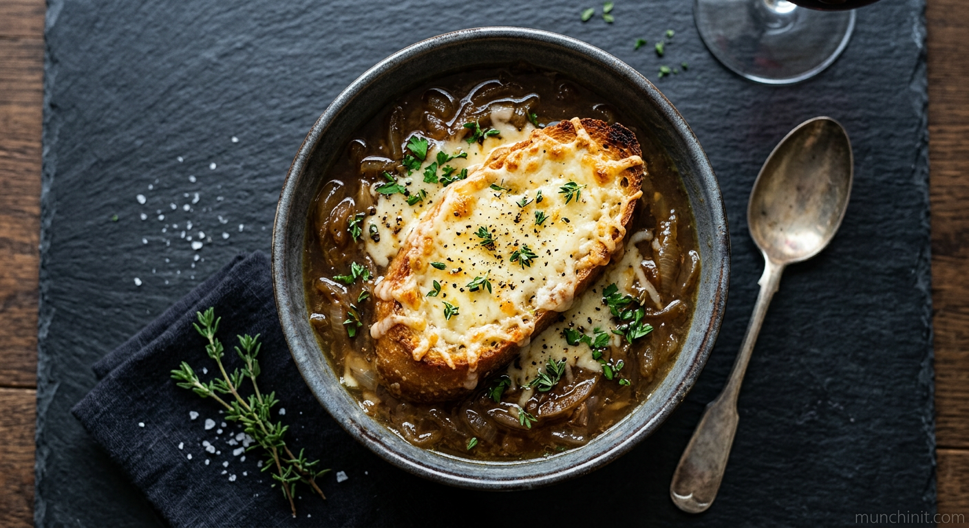 Vegetarian French Onion Soup with Cheesy Baguette Crouton (A Creative Twist)