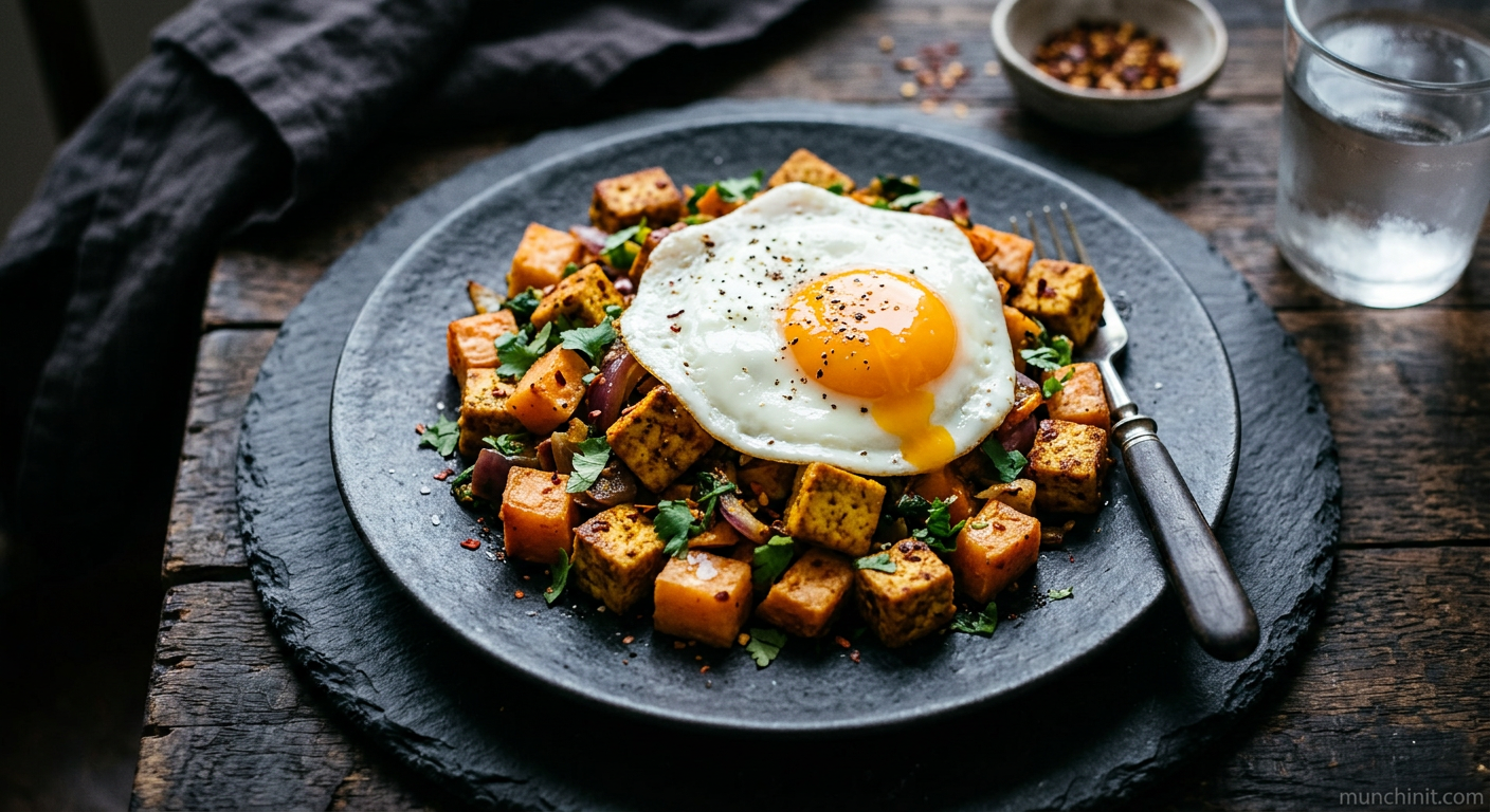 Simple Masala Tofu & Sweet Potato Hash with Fried Egg