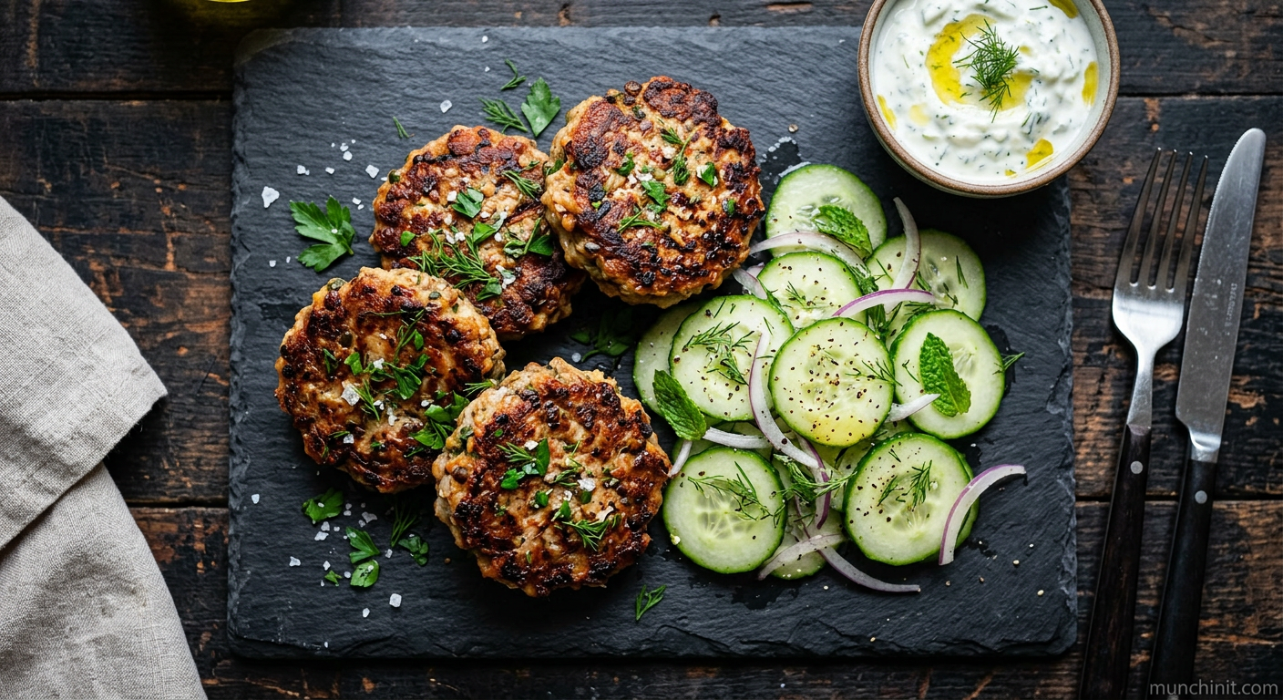 Spiced Lentil & Turkey Patties with Crispy Edges & Cucumber-Dill Salad