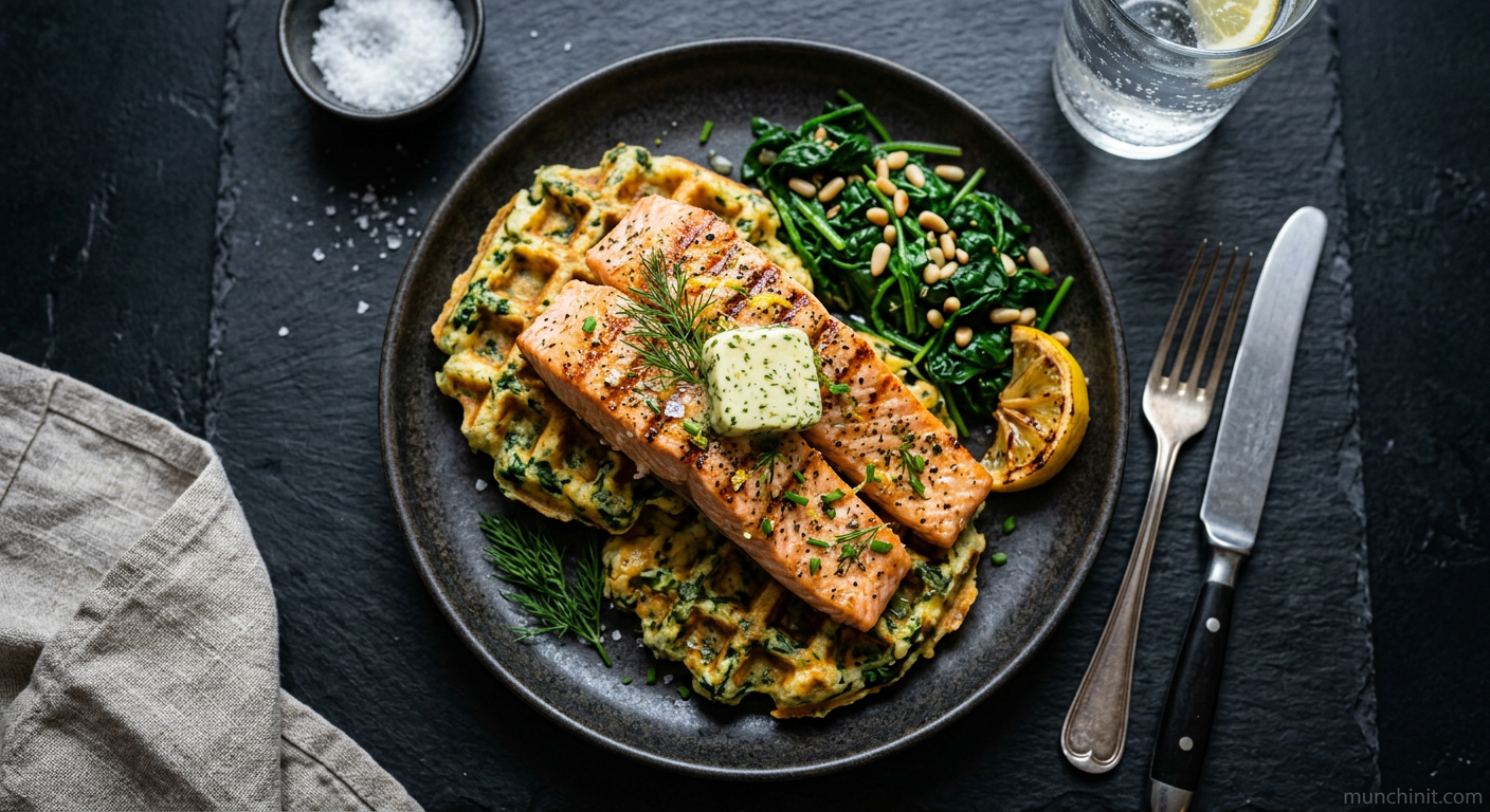 Keto Grilled Salmon & Spinach Cheese Waffles