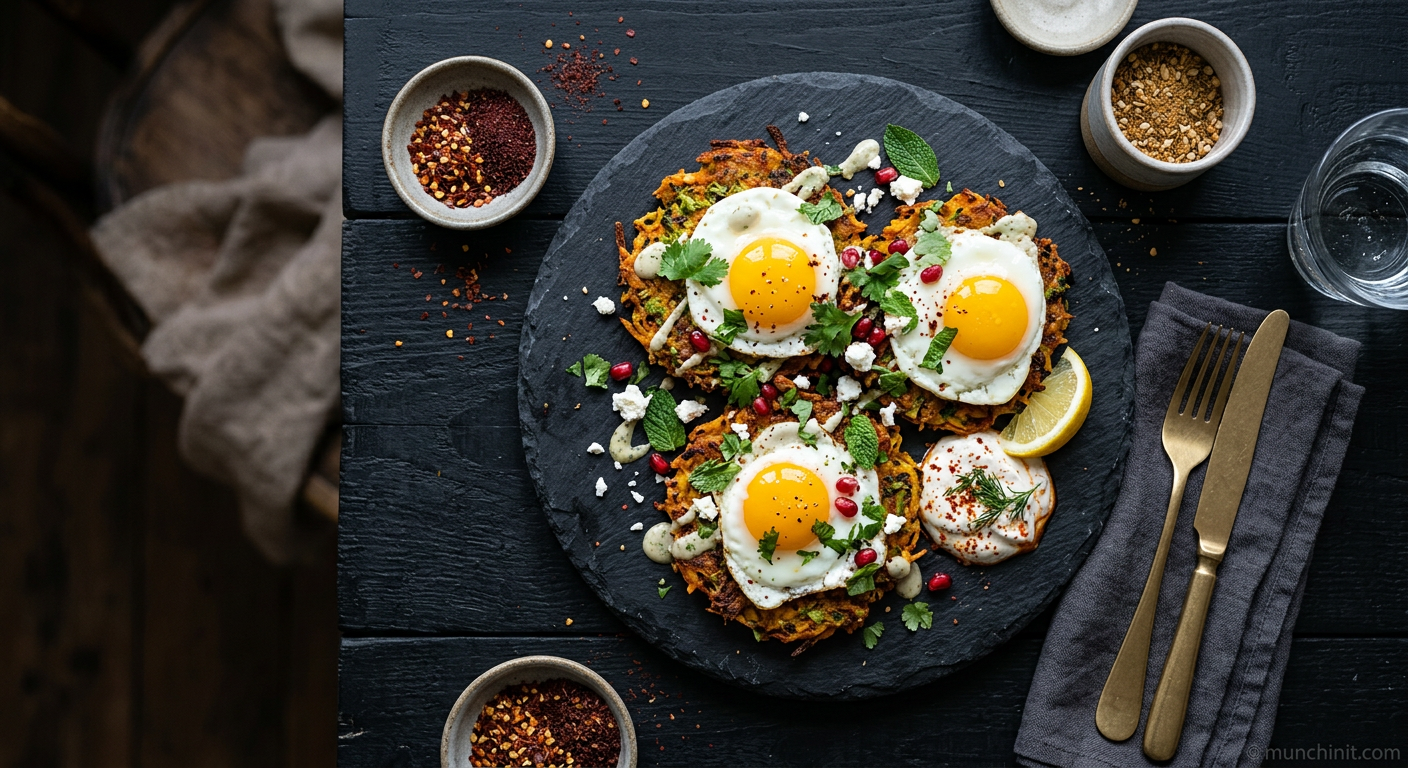 Moroccan Sweet Potato & Broccoli Fritters with Fried Eggs