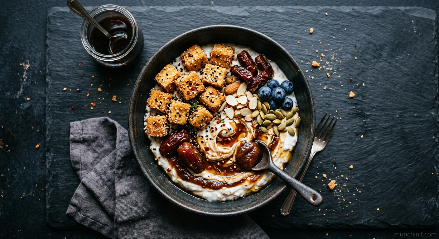 Crispy Sesame Tofu & Date Swirl Breakfast Bowl
